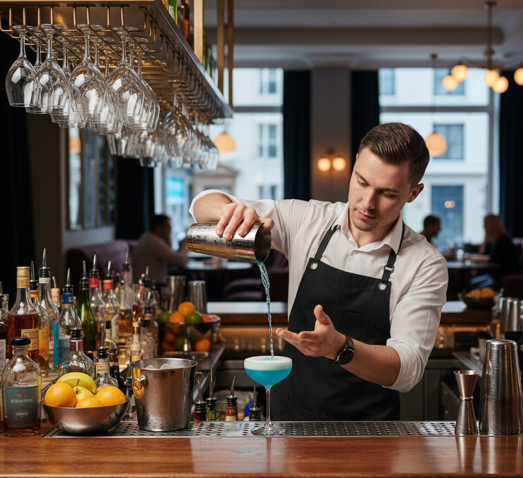 Bartender preparando un cóctel colorido