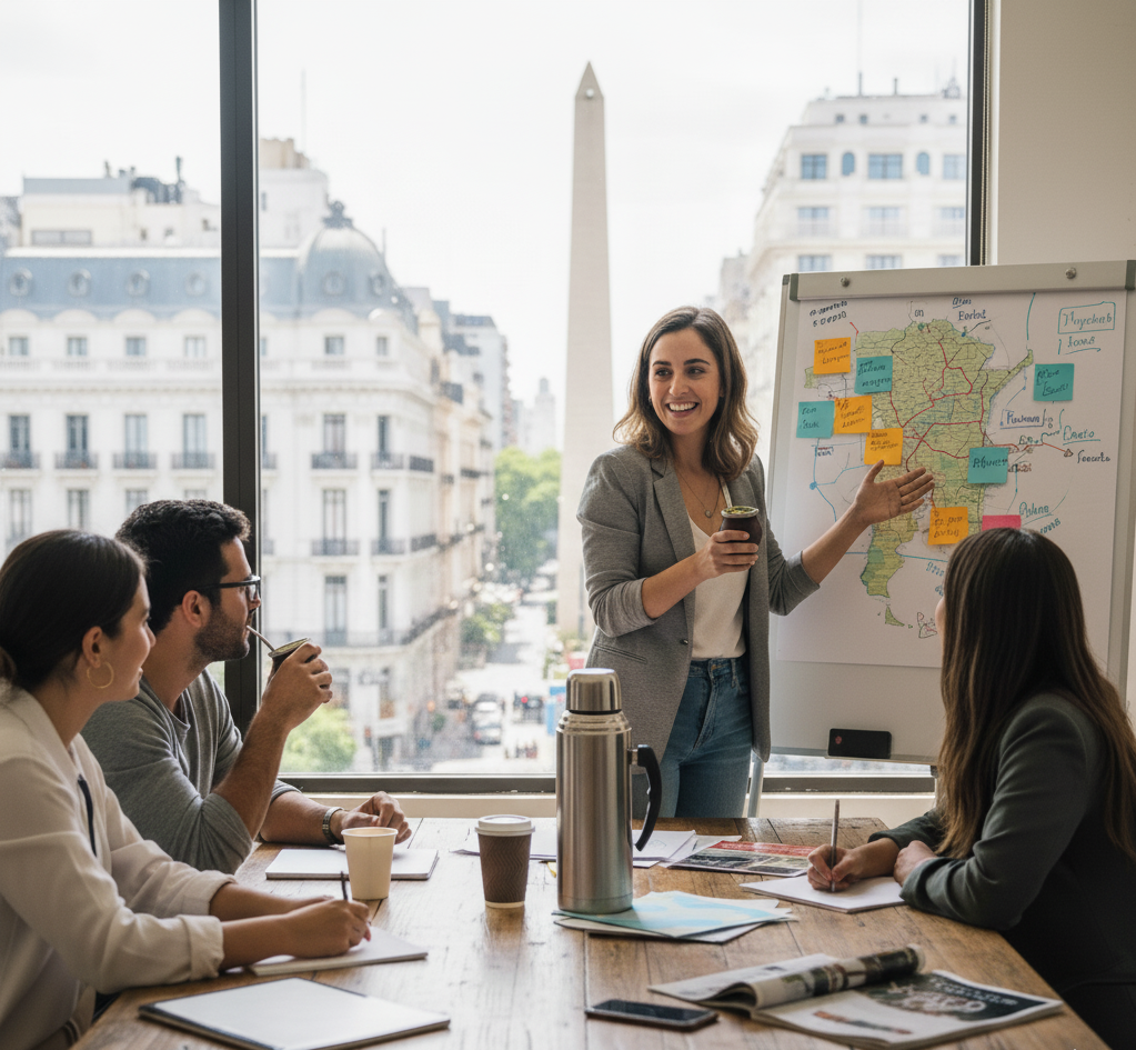 Persona planificando un viaje en una oficina de turismo