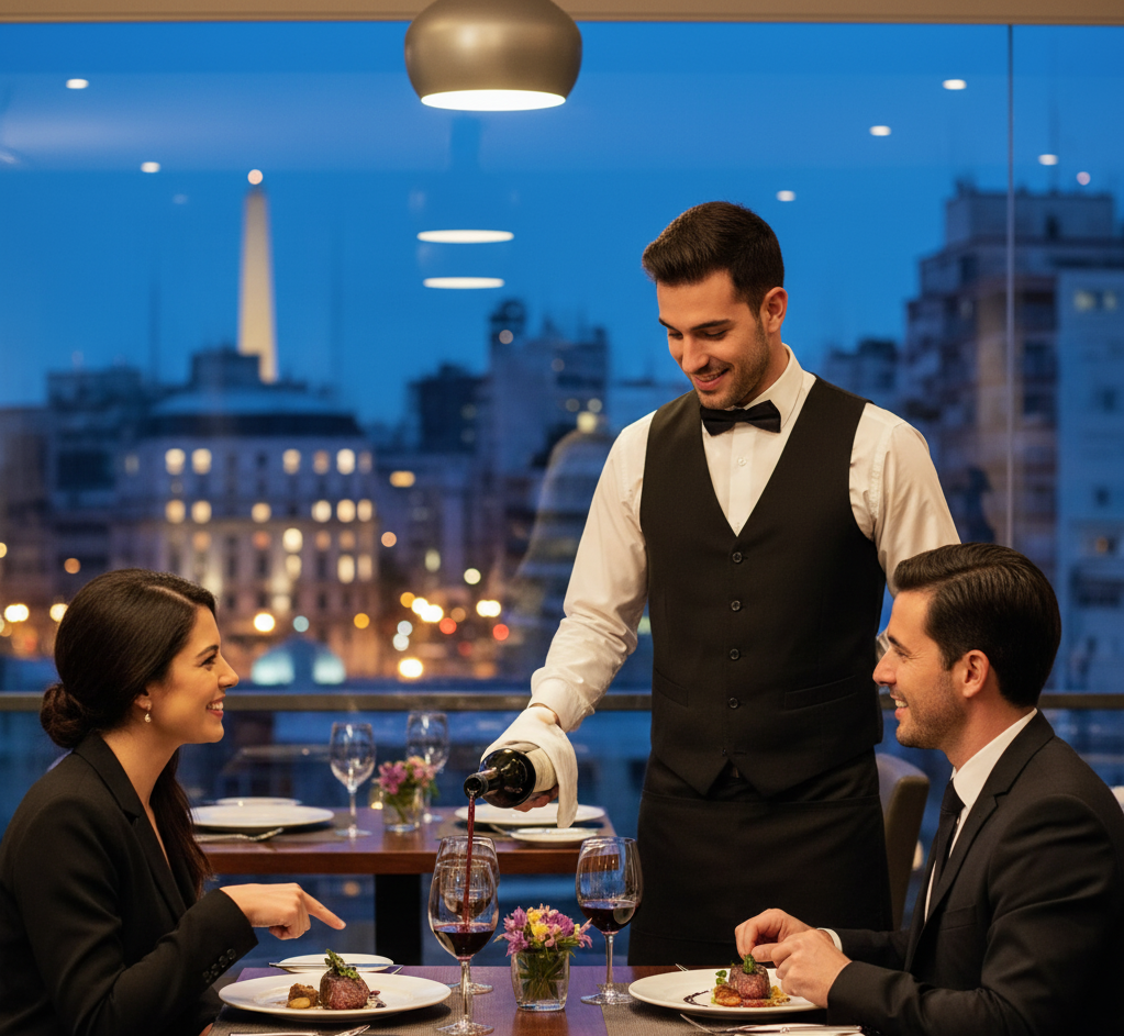 Mozo sirviendo una mesa en un restaurante elegante